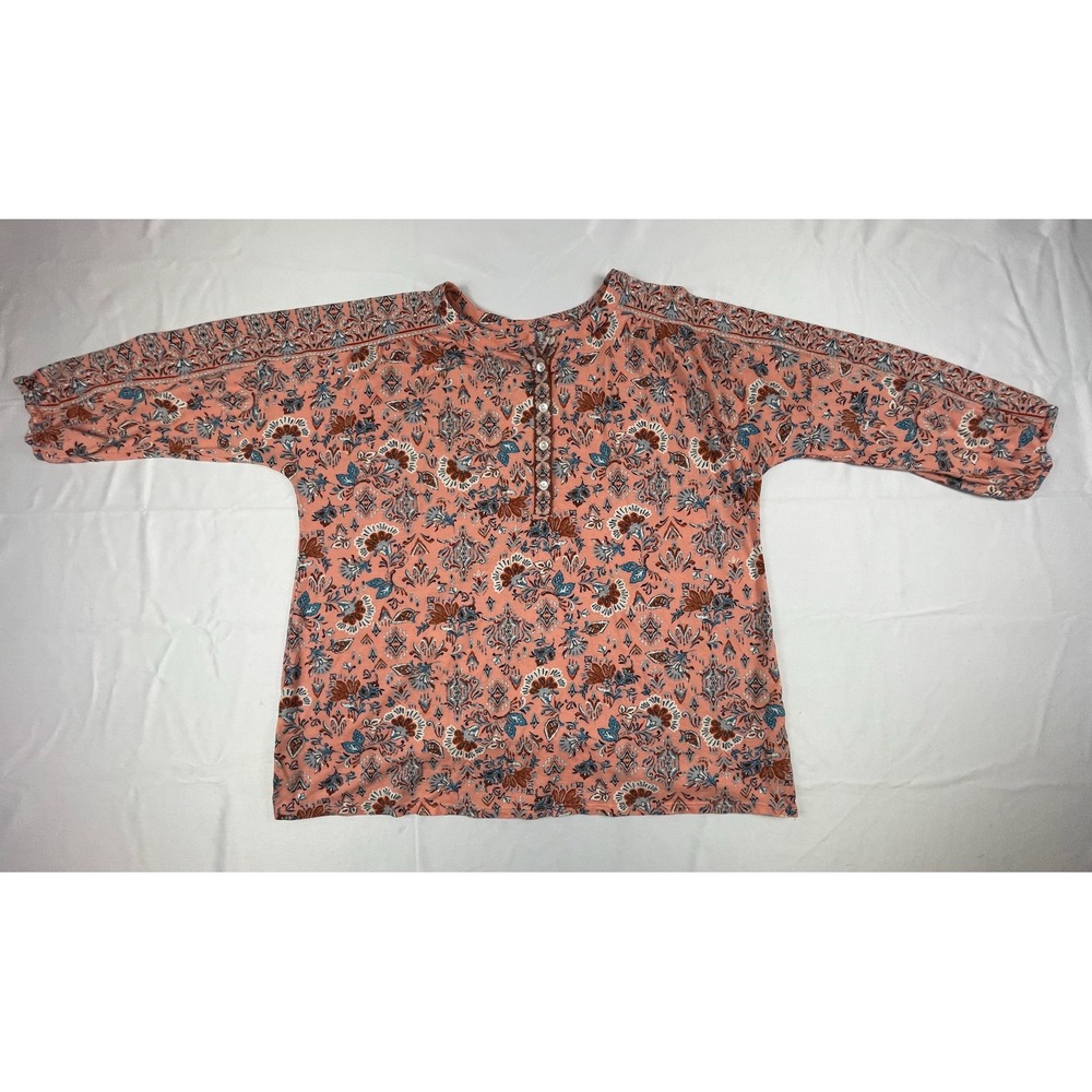 PURE JILL Boho Floral Medallion Henley Top Terracotta Blue Balloon Sleeve Knit L